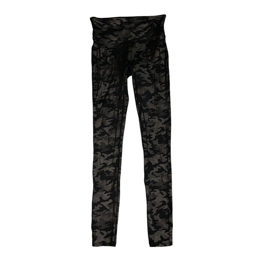 Spanx Legging Womens S Small Black Camo Faux Leather Pull On Wide Band Fitted